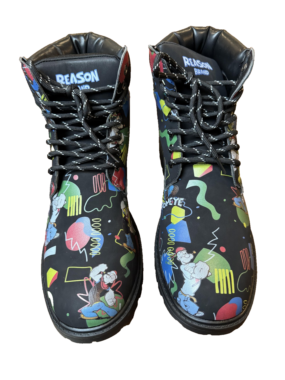 Reason Brand Boots Mens Size 11 Black Popeye Graphic Lug Sole Lace Up Ankle